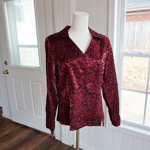 Womens Red Metallic Velvet Flocked Top Large Dark Fairy Whimsigoth Devilcore Y2K